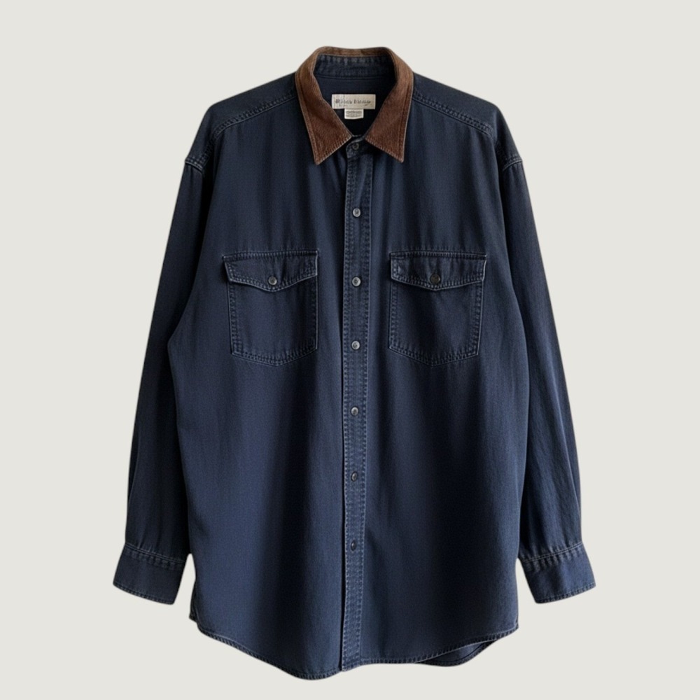 Banana Republic Mens Large Navy Blue Cotton Leather Collar Workwear Shirt VTG
